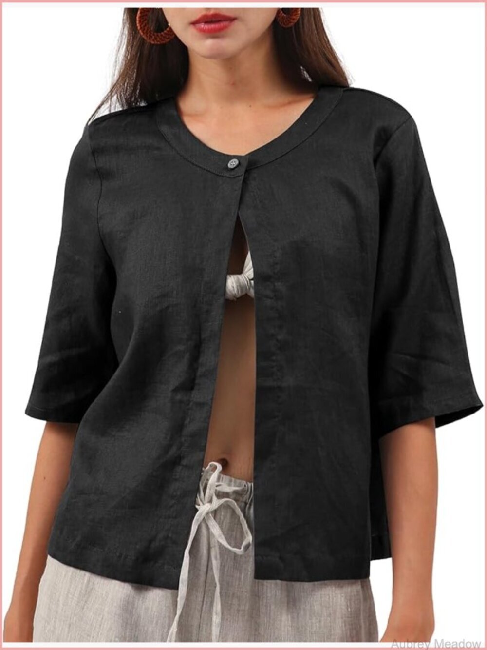 Pure Linen Open Front Cropped Cardigan Elbow Sleeve Summer Jacket